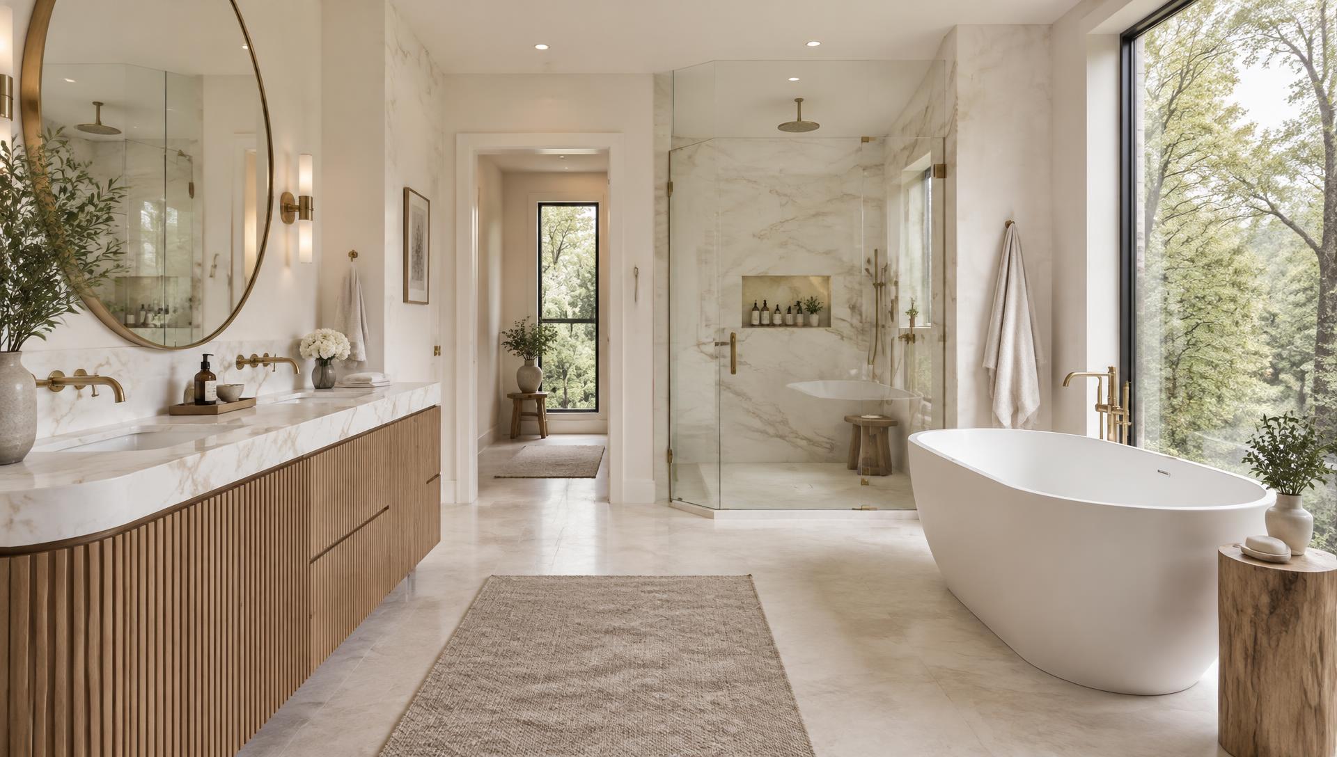 Bathroom inspiration with marble shower, oak vanity, and freestanding bathtub
